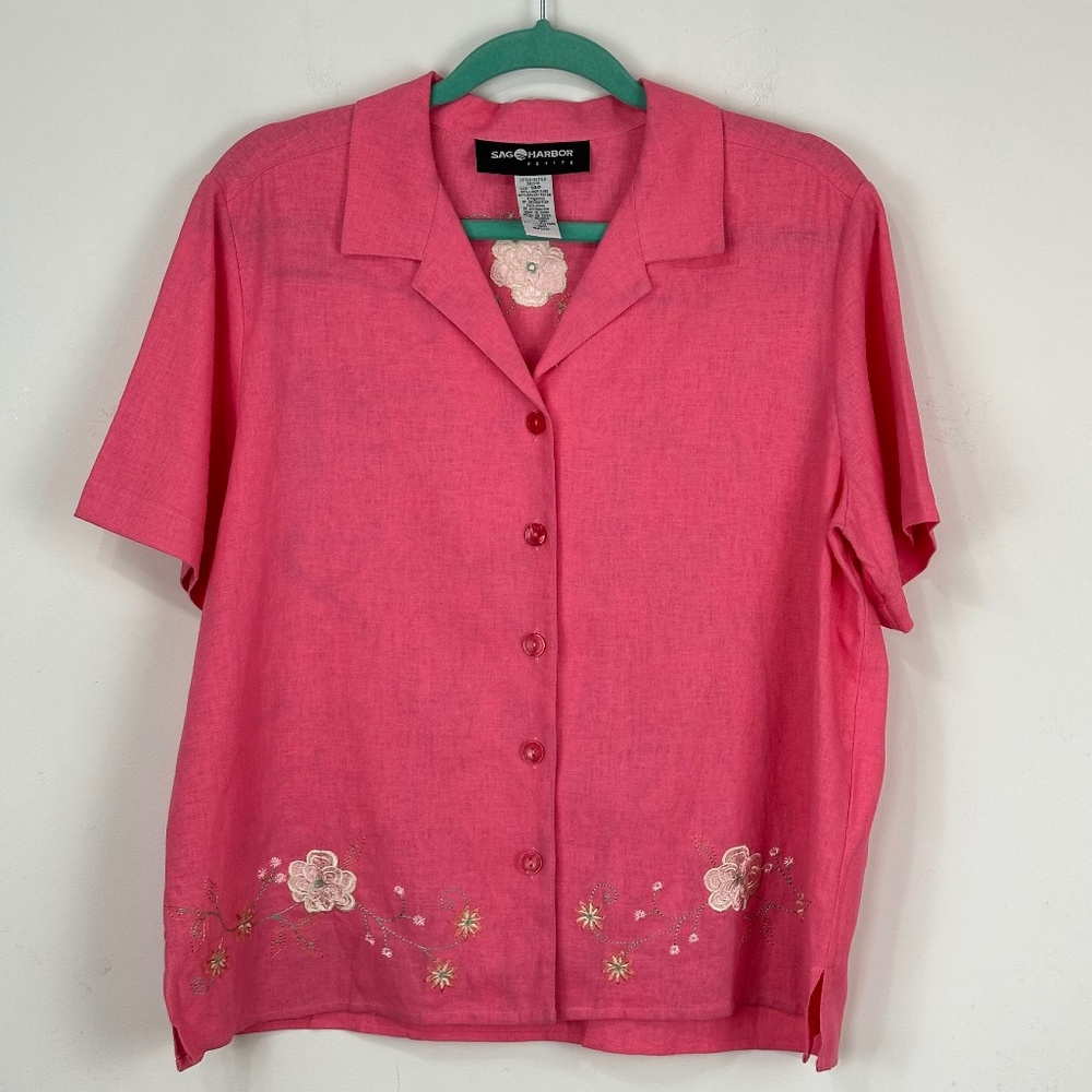 NWOT Vintage Sag Harbor Pink Linen Blend Embroidered Button Up Top 14P Beach